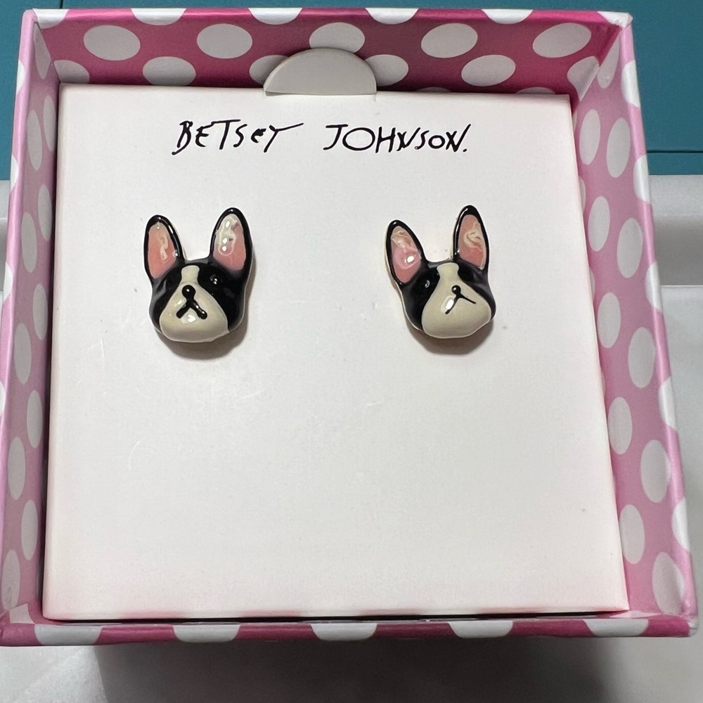 Betsey Johnson Boston Frenchie Dog Enamel Stud Earrings New, Box Included